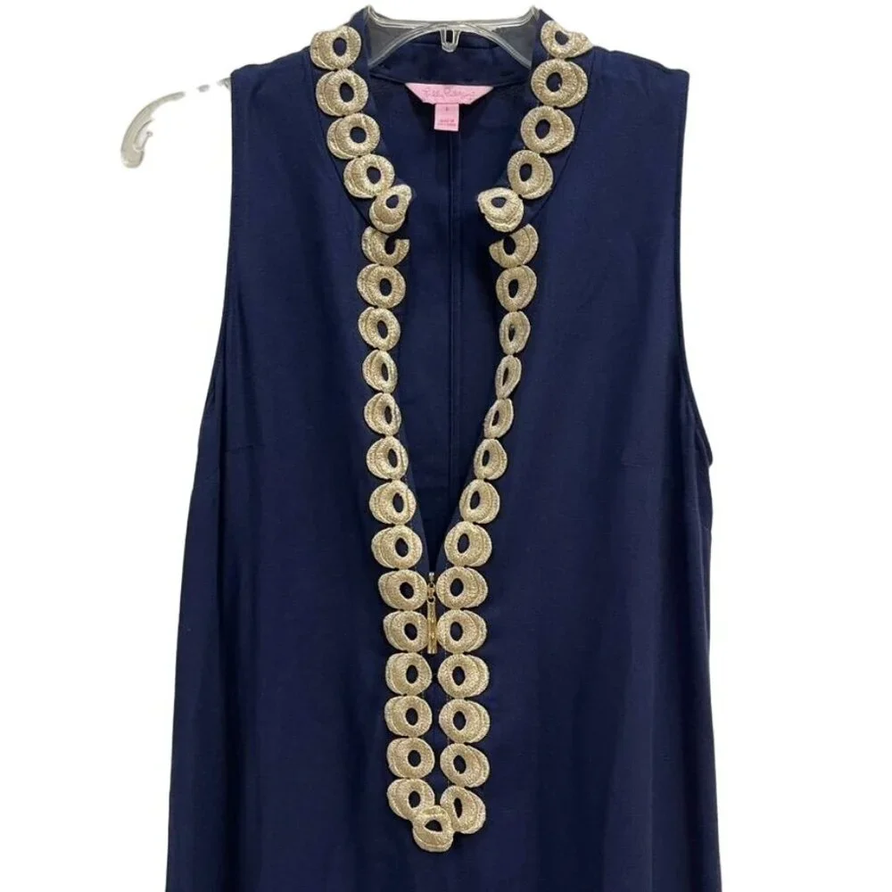 Lilly Pulitzer Navy Shift Dress Gold Embroidery Sleeveless Size 6 - Picture 3 of 6